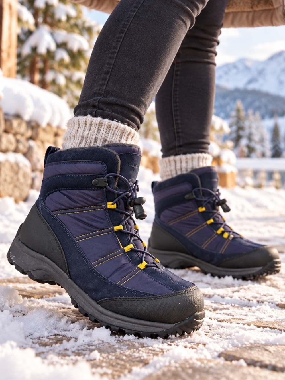 ❄️❄️Lands' End Navy Winter Lace-Up Boots with Yellow Accents